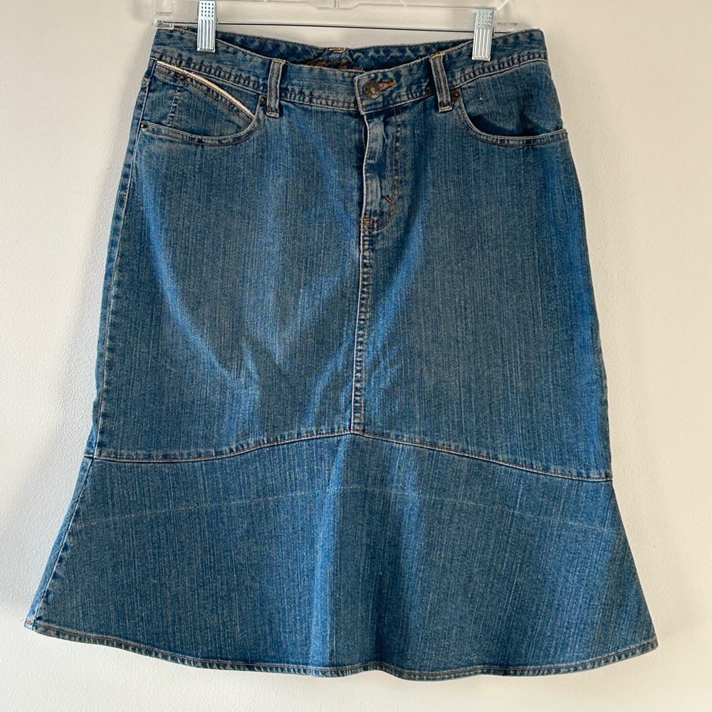 Y2K KIKIT Jeans Goth Emo Denim Skirt Embroidered Mermaid Tulip Flare Sz 10